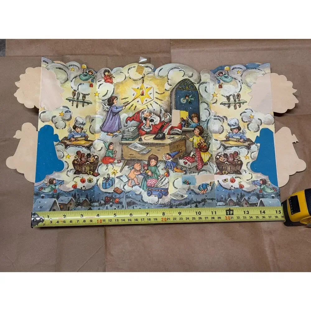 Vintage 50s 60s Count Down To Christmas Advent Calendar Paper Santa Angels Mod